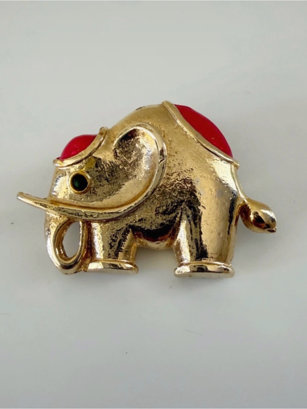 Vintage Elephant Gold Tone Red Enamel Brooch Pin